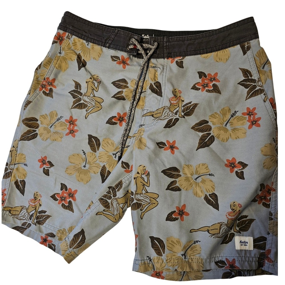 Katin Mens Hula Girl Hibiscus Board Shorts Blue Tropical Swim Trunks Size 30
